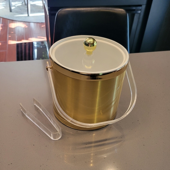 Ice Bucket Gold Vintage Hollywood Regency Acrylic Handle Clear Lid MCM - Picture 6 of 6